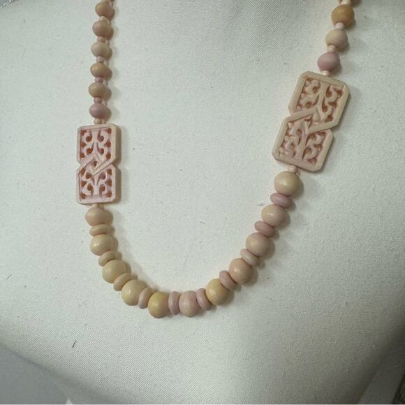 Vintage Plastic Pink Yellow Beaded Long Necklace - Picture 3 of 8